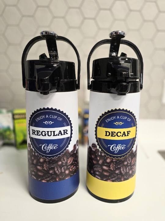 Coffee pots with regular and decaf decals
