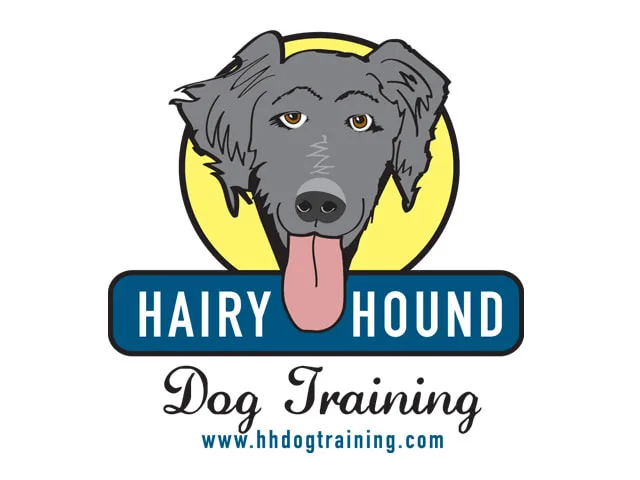 Hari Hound Dog Training logo and web address. Dog with tongue out over logo words.