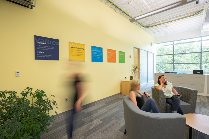 CarMax home office with square fabrics on the wall