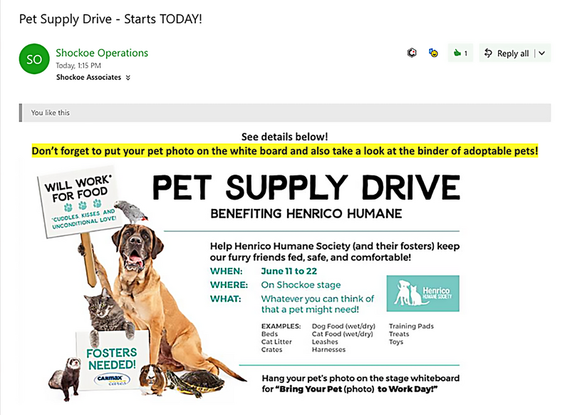 Pet supply drive email, internal client of associates at CarMax